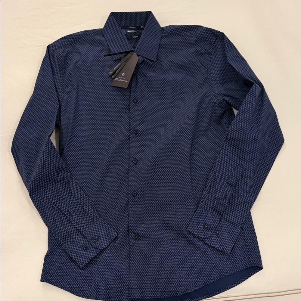 Ben Sherman Men’s Navy Stretch Micro-Print Dress Shirt